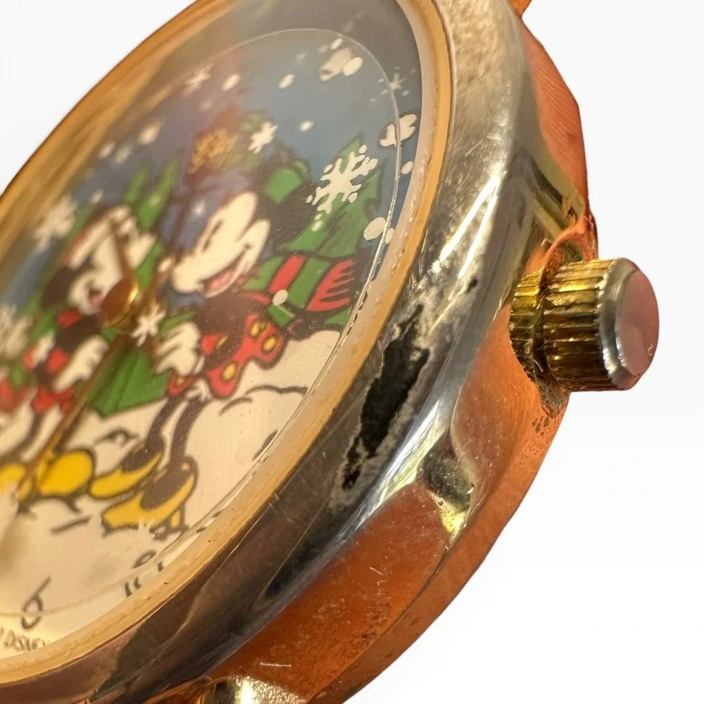 Vintage Disney Valdawn Mickey Minnie Christmas Watch Black Leather Tone